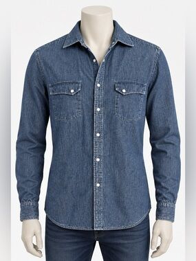 Ari Blue Denim Chambray Snap Button Down Western Shirt Long Sleeve Two Pocket